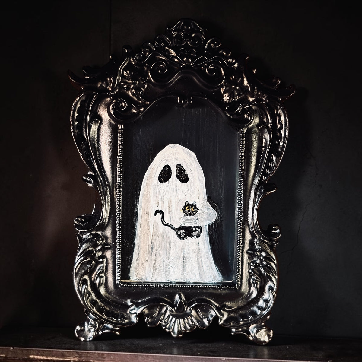 Framed Mini Gothic Original Ghost Holding His Cat Painting