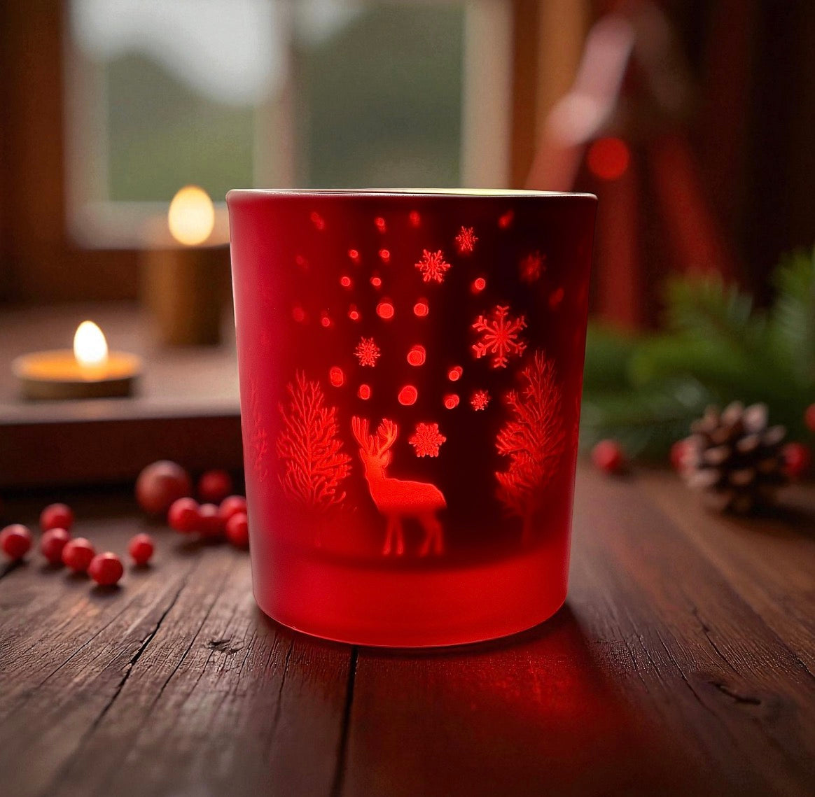 Apple & Spice Winter Forest Scene Red Frosted Glass 30cl Candle-PRE ORDER