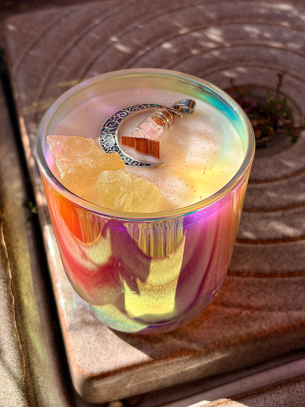 Magic In The Air Wood Wick 30cl Candle With Moon Crescent Pendant & Quartz Crystal Embeds