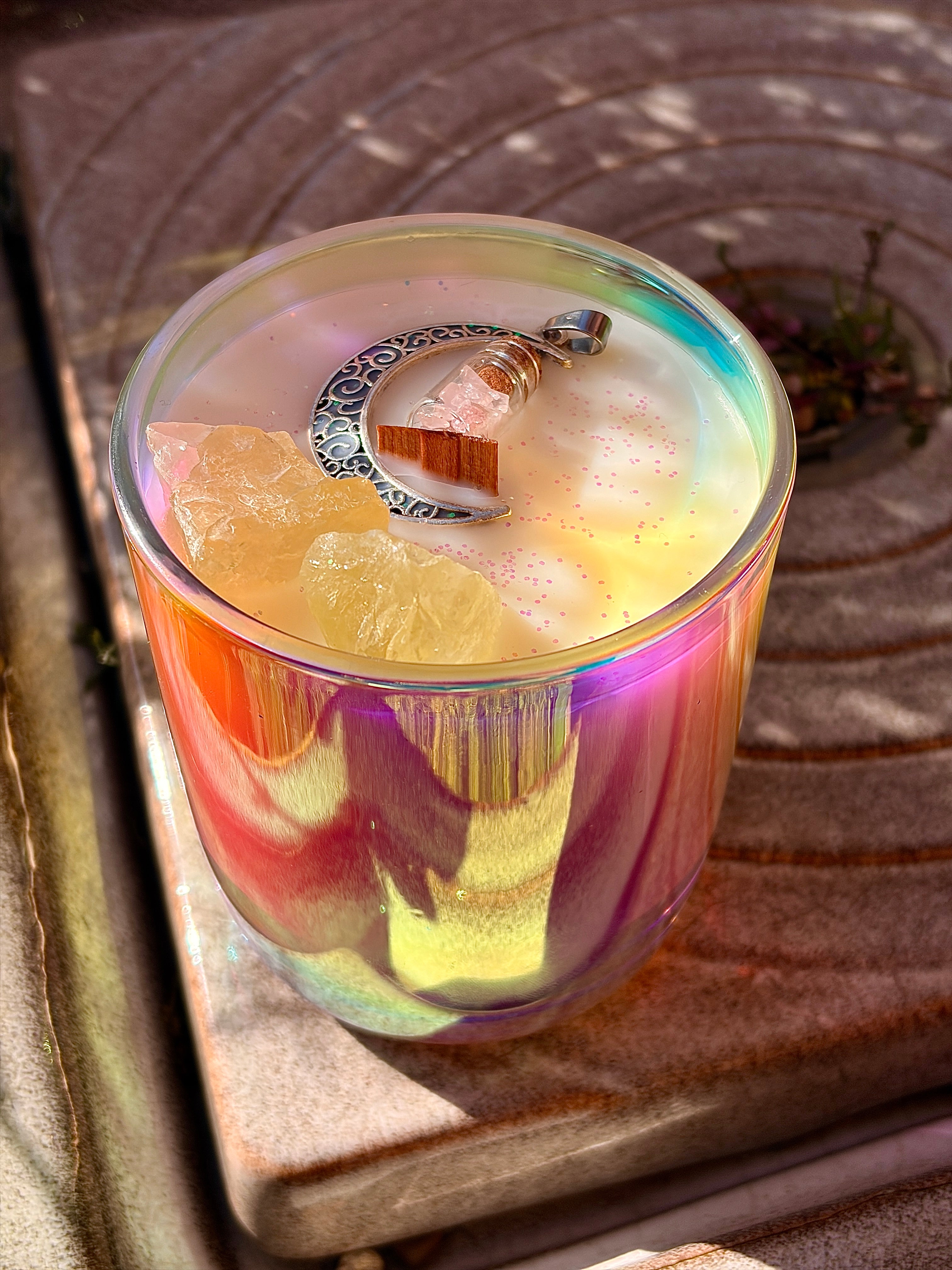 Magic In The Air Wood Wick 30cl Candle With Moon Crescent Pendant & Quartz Crystal Embeds