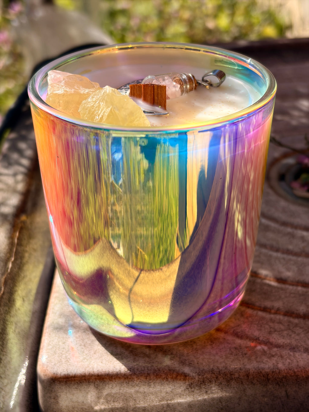 Magic In The Air Wood Wick 30cl Candle With Moon Crescent Pendant & Quartz Crystal Embeds