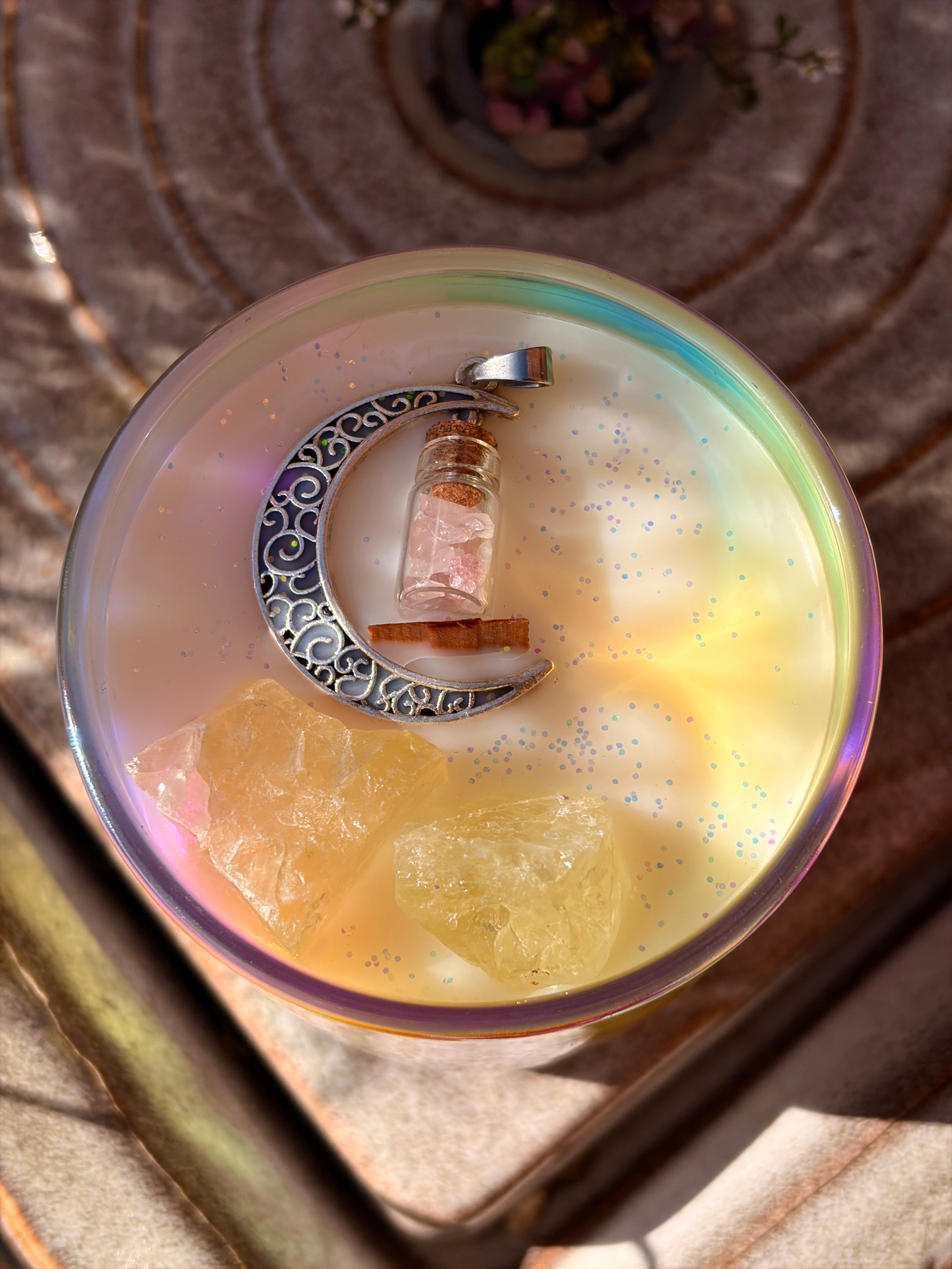 Magic In The Air Wood Wick 30cl Candle With Moon Crescent Pendant & Quartz Crystal Embeds