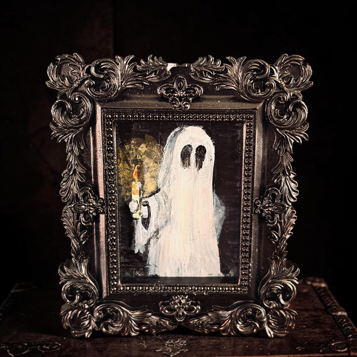 Framed Mini Gothic Original Ghost Holding Candle Painting